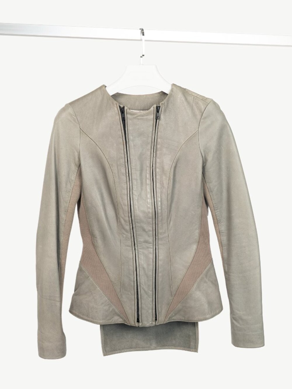 SKINGRAFT Grey Leather Knit-Trim Double-Zip Jacket